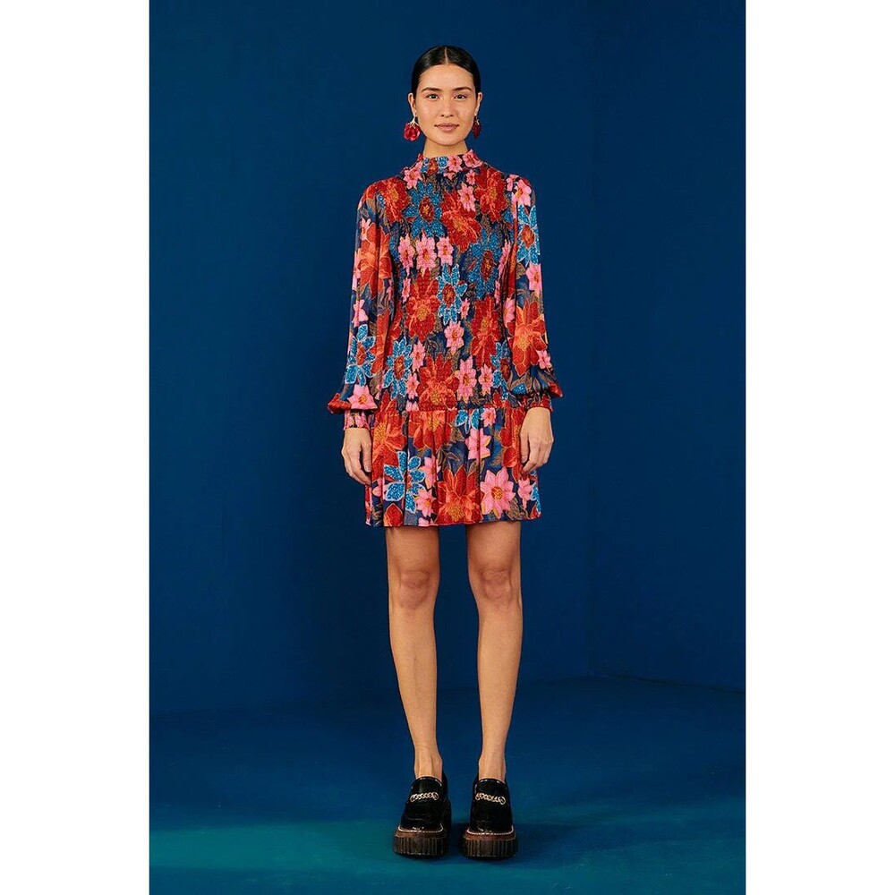 Farm Rio Smocked Mini Dress, Long Sleeve, Garden Navy, Medium, New! Retail $245